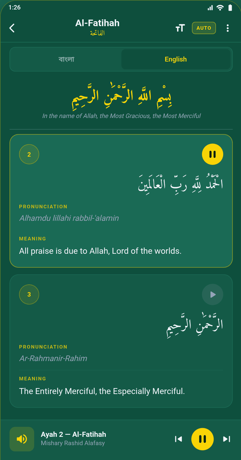 The Quran reader, showing Arabic with translation